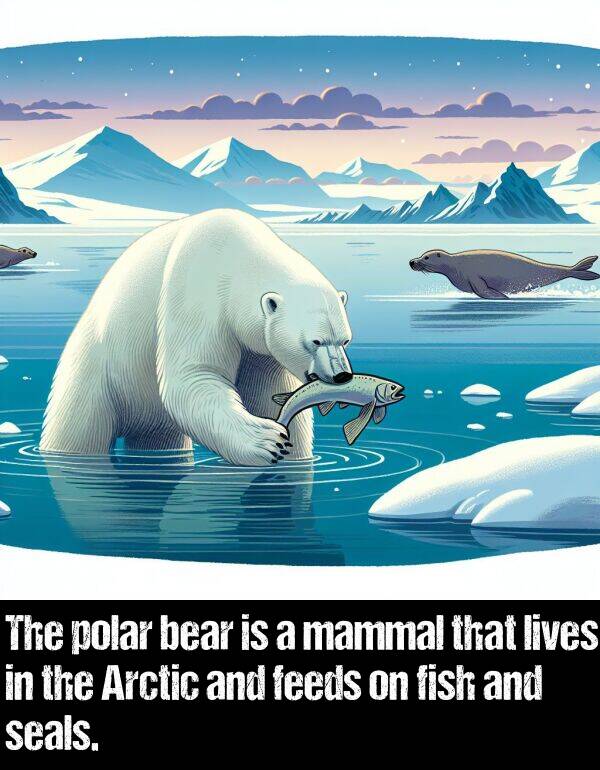 polar: The polar bear is a mammal that lives in the Arctic and feeds on fish and seals.