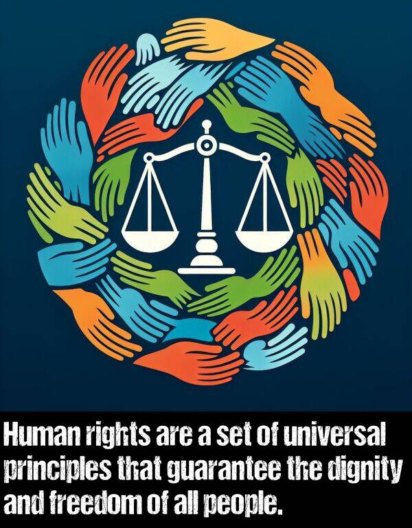 guarantee: Human rights are a set of universal principles that guarantee the dignity and freedom of all people.