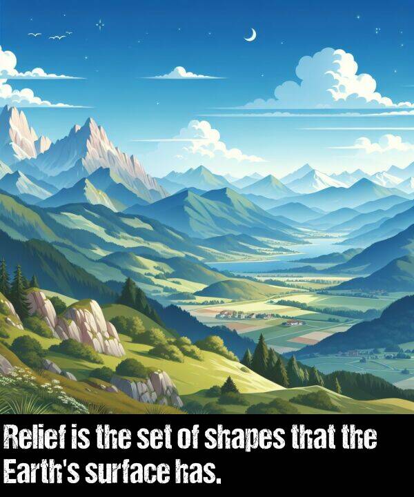 set: Relief is the set of shapes that the Earth's surface has.