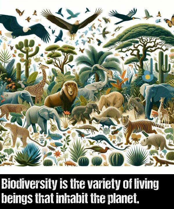 inhabit: Biodiversity is the variety of living beings that inhabit the planet.