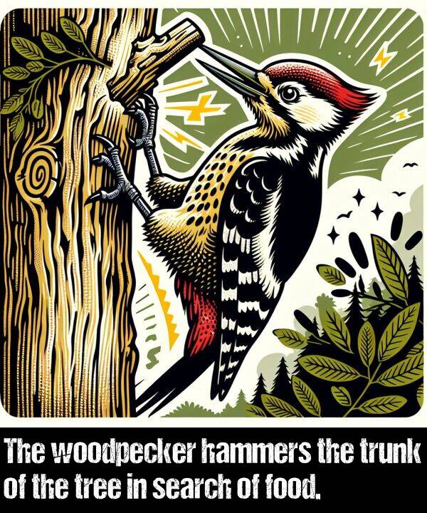 tree: The woodpecker hammers the trunk of the tree in search of food.