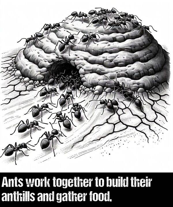 their: Ants work together to build their anthills and gather food.