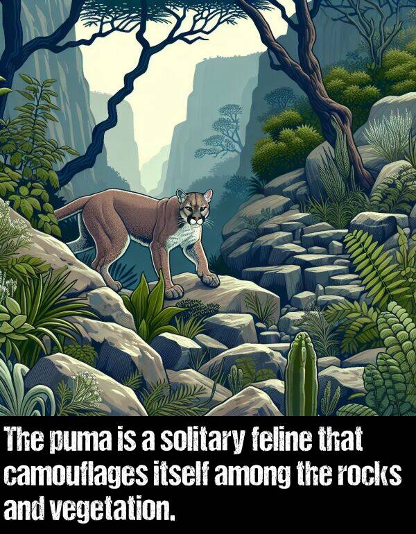 rocks: The puma is a solitary feline that camouflages itself among the rocks and vegetation.