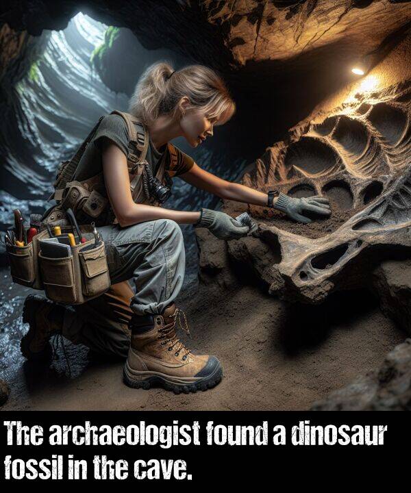 found: The archaeologist found a dinosaur fossil in the cave.