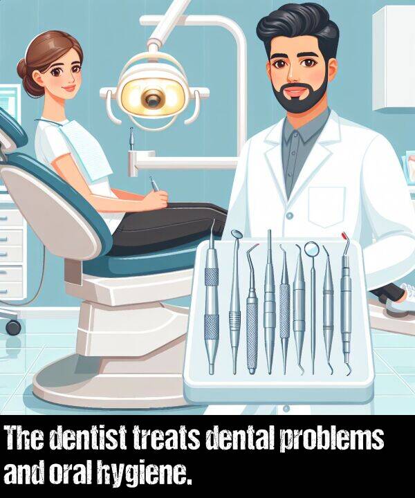 dental: The dentist treats dental problems and oral hygiene.