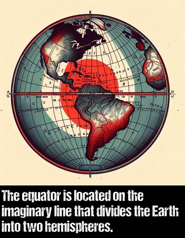 imaginary: The equator is located on the imaginary line that divides the Earth into two hemispheres.