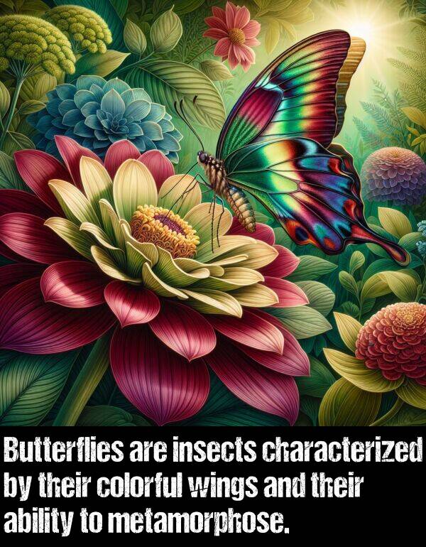 insects: Butterflies are insects characterized by their colorful wings and their ability to metamorphose.