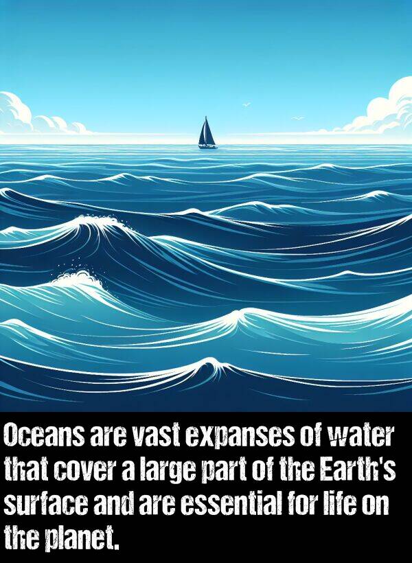 large: Oceans are vast expanses of water that cover a large part of the Earth's surface and are essential for life on the planet.