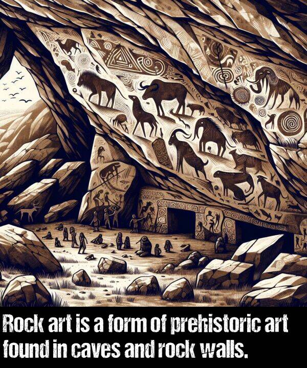 found: Rock art is a form of prehistoric art found in caves and rock walls.