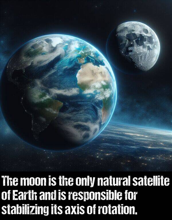 only: The moon is the only natural satellite of Earth and is responsible for stabilizing its axis of rotation.