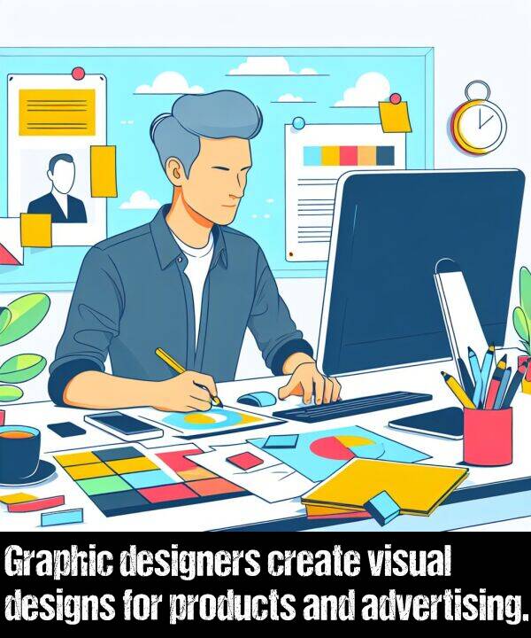 designs: Graphic designers create visual designs for products and advertising.