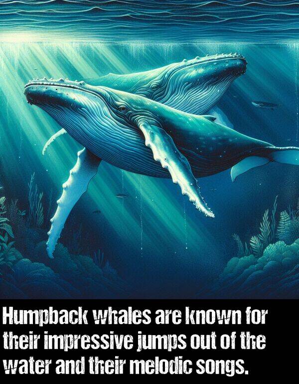 songs: Humpback whales are known for their impressive jumps out of the water and their melodic songs.