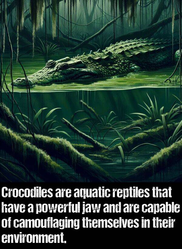 environment: Crocodiles are aquatic reptiles that have a powerful jaw and are capable of camouflaging themselves in their environment.