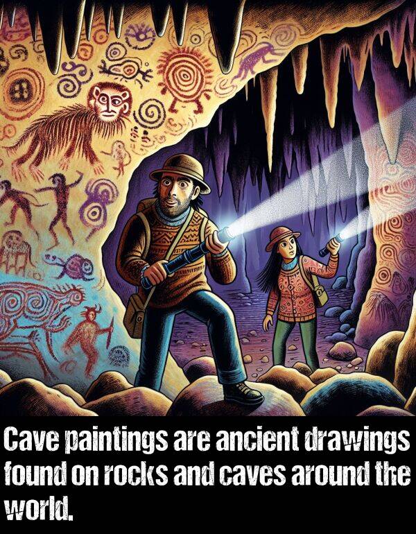 world: Cave paintings are ancient drawings found on rocks and caves around the world.