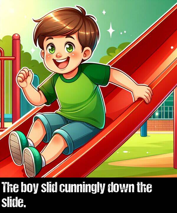 boy: The boy slid cunningly down the slide.