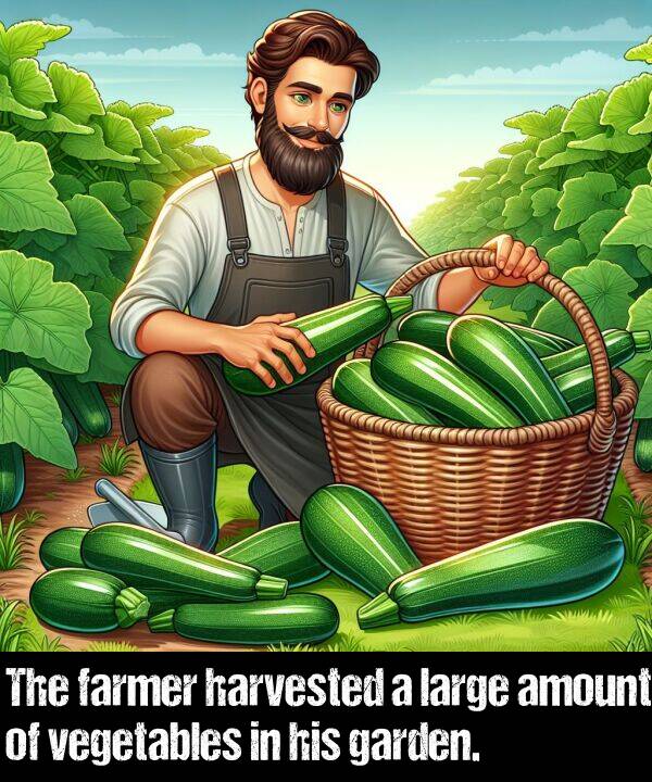 garden: The farmer harvested a large amount of vegetables in his garden.