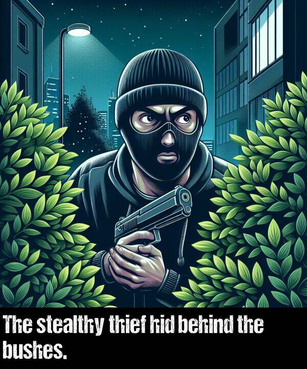 hid: The stealthy thief hid behind the bushes.