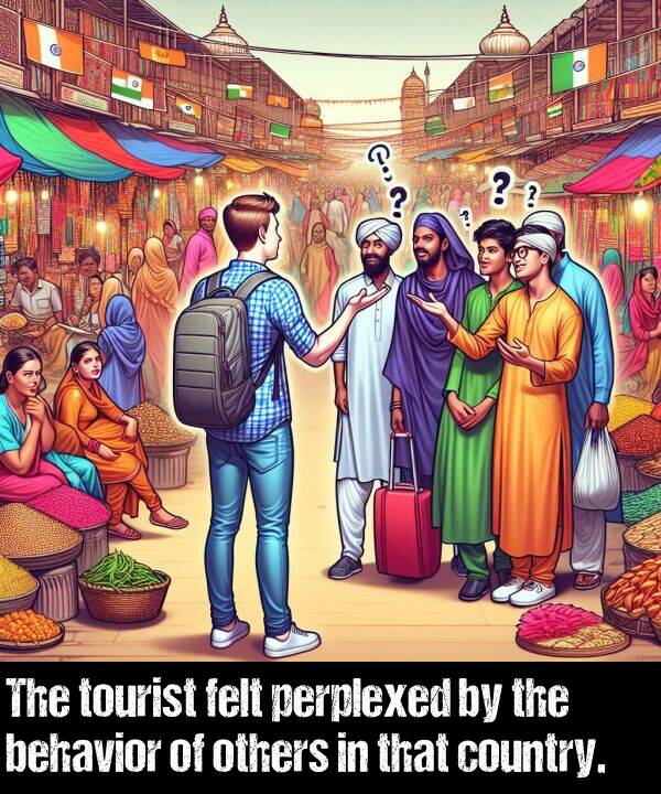 country: The tourist felt perplexed by the behavior of others in that country.