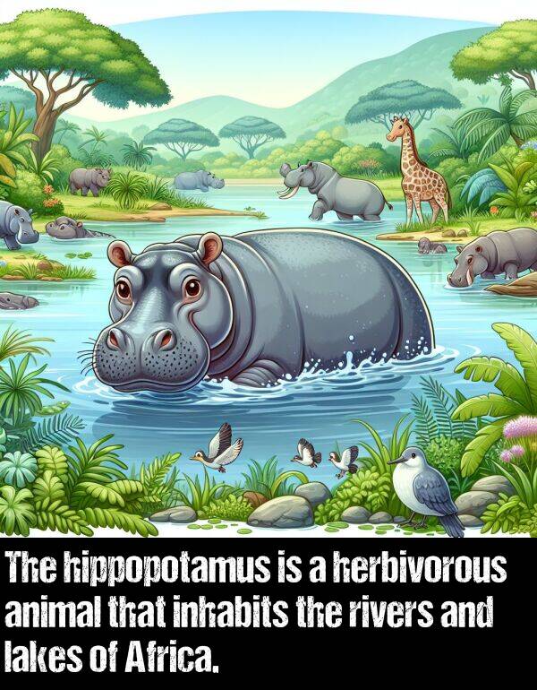 herbivorous: The hippopotamus is a herbivorous animal that inhabits the rivers and lakes of Africa.