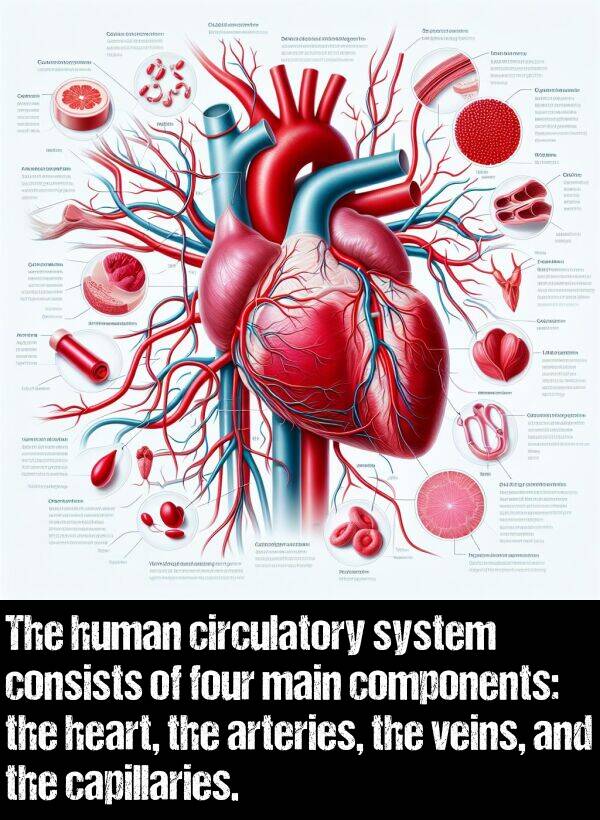 system: The human circulatory system consists of four main components: the heart, the arteries, the veins, and the capillaries.