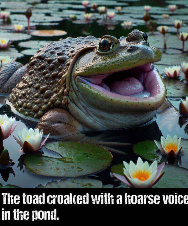 hoarse: The toad croaked with a hoarse voice in the pond.