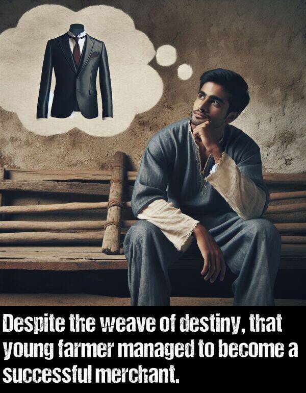 become: Despite the weave of destiny, that young farmer managed to become a successful merchant.