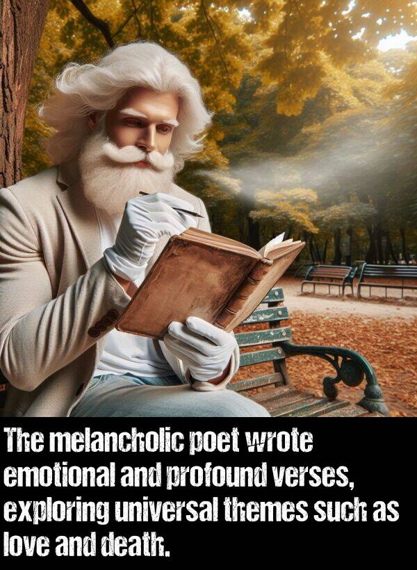 melancholic: The melancholic poet wrote emotional and profound verses, exploring universal themes such as love and death.