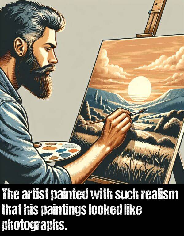 realism: The artist painted with such realism that his paintings looked like photographs.