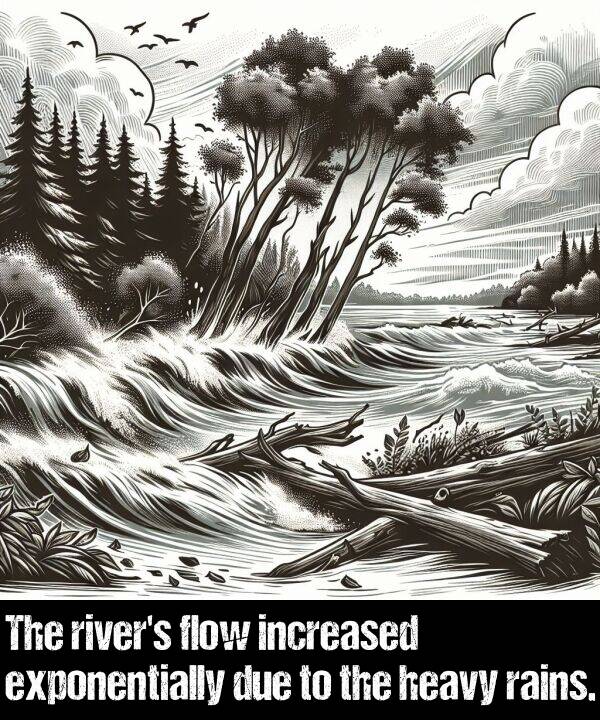 increased: The river's flow increased exponentially due to the heavy rains.