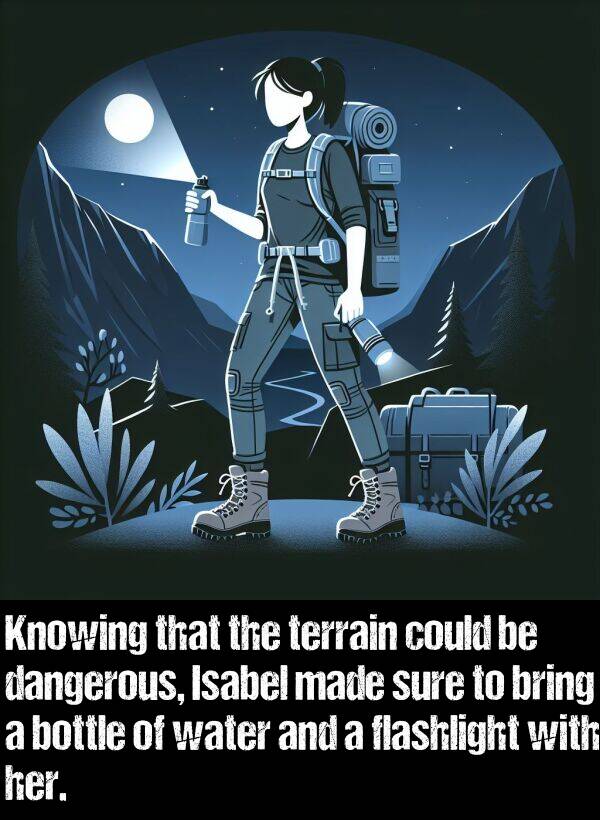 bring: Knowing that the terrain could be dangerous, Isabel made sure to bring a bottle of water and a flashlight with her.