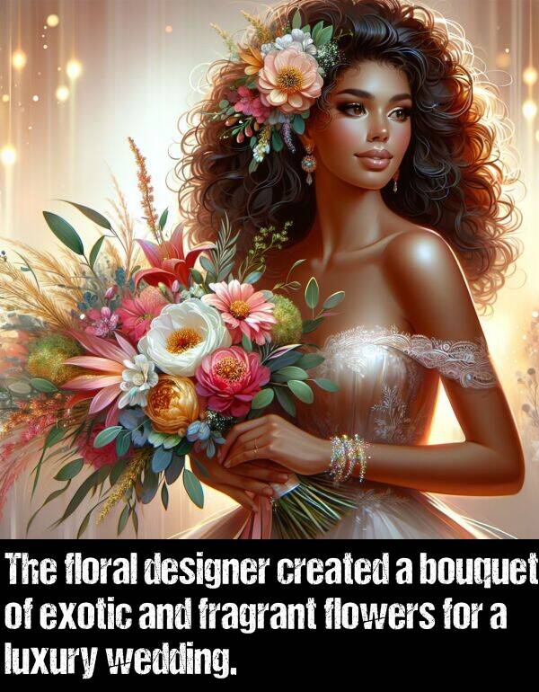 bouquet: The floral designer created a bouquet of exotic and fragrant flowers for a luxury wedding.