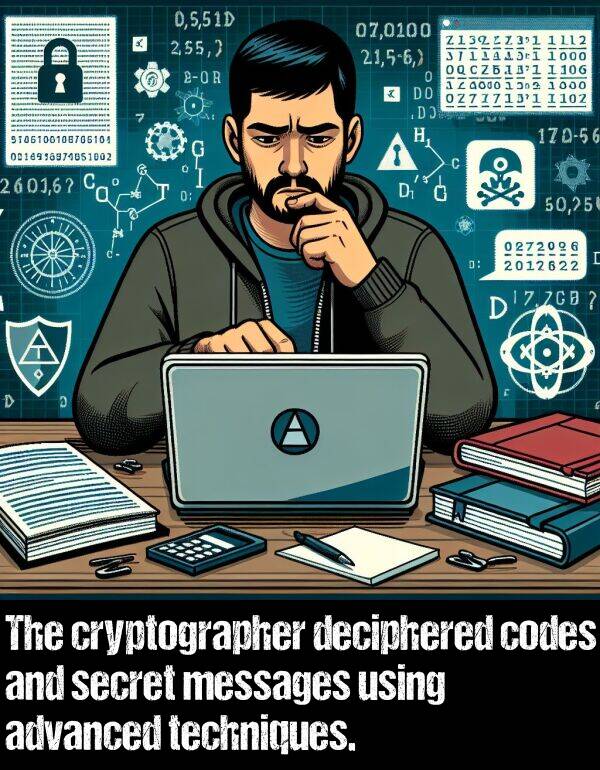 codes: The cryptographer deciphered codes and secret messages using advanced techniques.