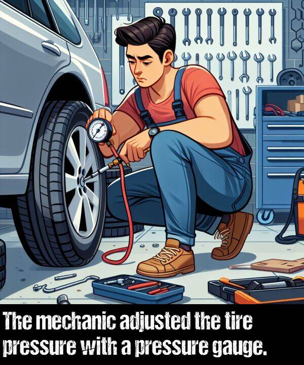 mechanic: The mechanic adjusted the tire pressure with a pressure gauge.