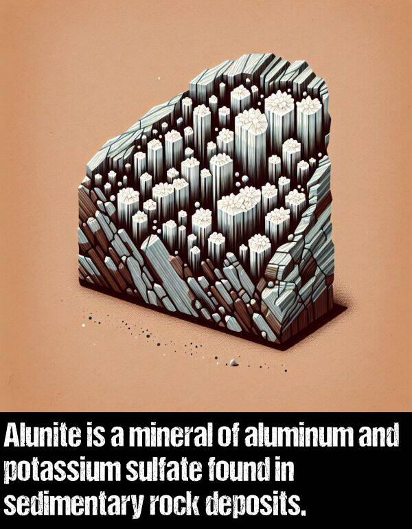 deposits: Alunite is a mineral of aluminum and potassium sulfate found in sedimentary rock deposits.