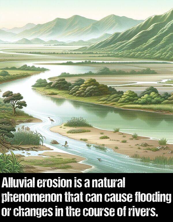 natural: Alluvial erosion is a natural phenomenon that can cause flooding or changes in the course of rivers.