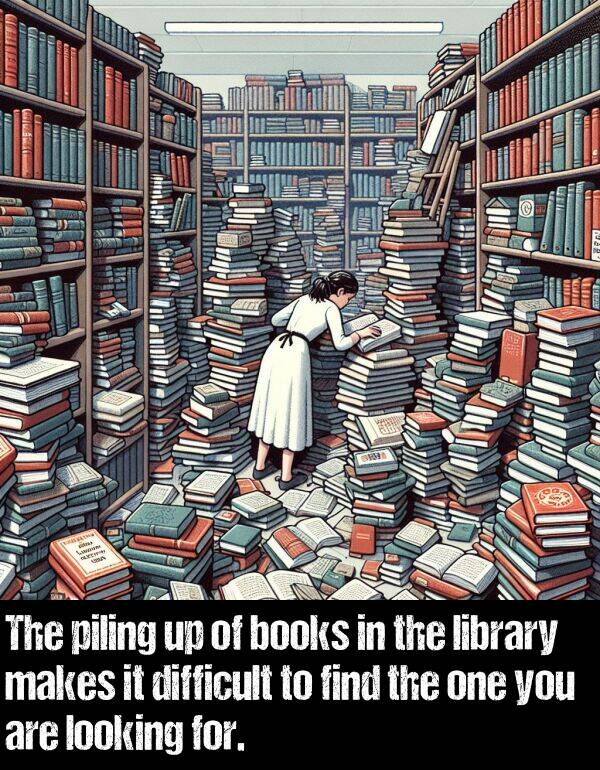 find: The piling up of books in the library makes it difficult to find the one you are looking for.