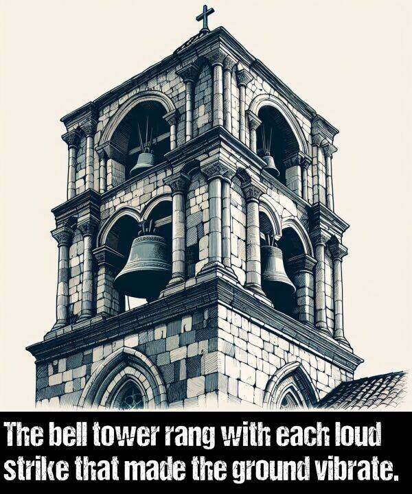 loud: The bell tower rang with each loud strike that made the ground vibrate.