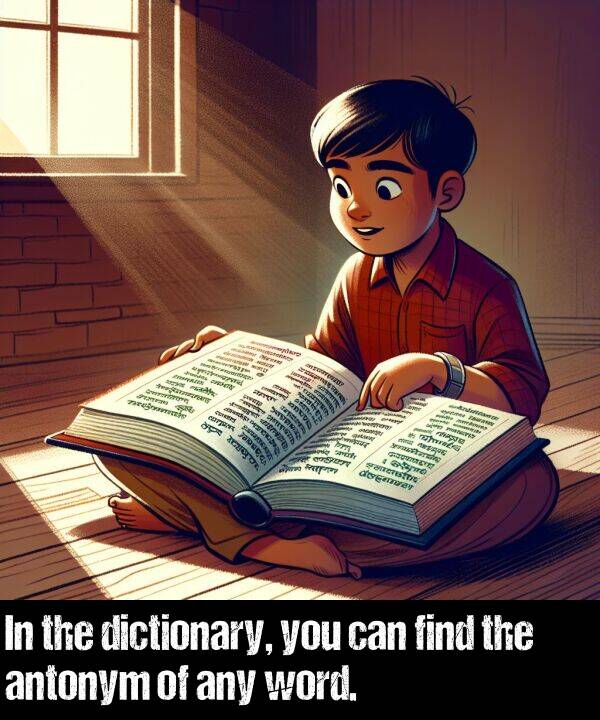 find: In the dictionary, you can find the antonym of any word.