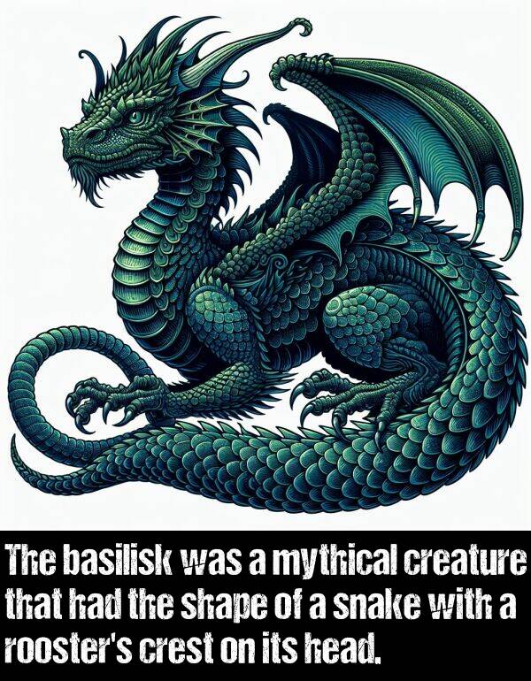 basilisk: The basilisk was a mythical creature that had the shape of a snake with a rooster's crest on its head.