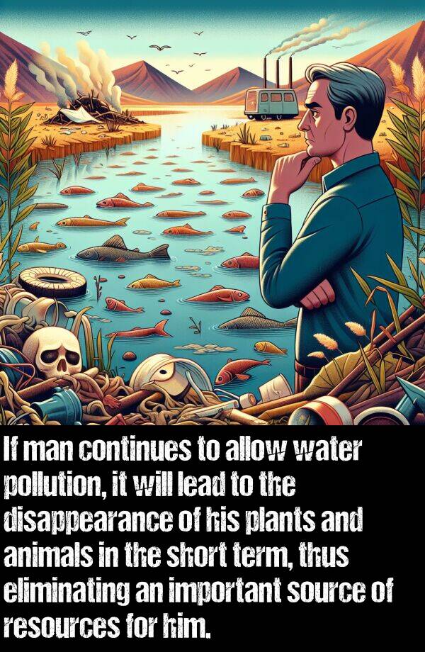 allow: If man continues to allow water pollution, it will lead to the disappearance of his plants and animals in the short term, thus eliminating an important source of resources for him.