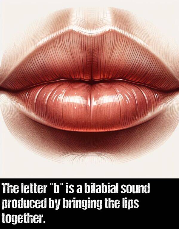 produced: The letter "b" is a bilabial sound produced by bringing the lips together.