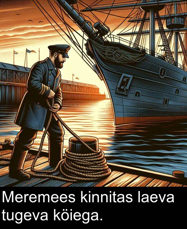 laeva: Meremees kinnitas laeva tugeva köiega.