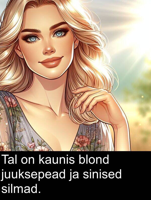 blond: Tal on kaunis blond juuksepead ja sinised silmad.