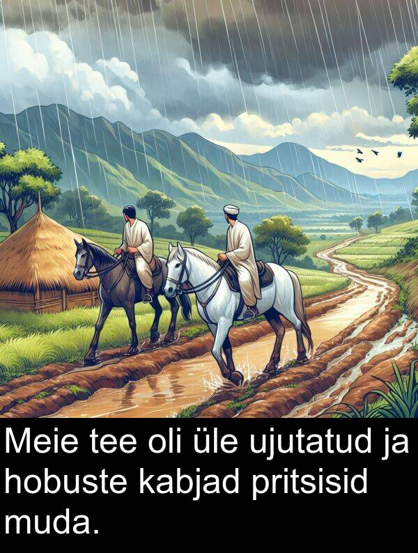 üle: Meie tee oli üle ujutatud ja hobuste kabjad pritsisid muda.