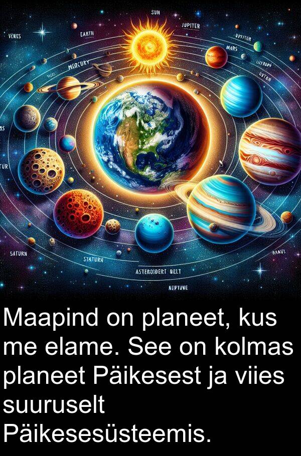 kolmas: Maapind on planeet, kus me elame. See on kolmas planeet Päikesest ja viies suuruselt Päikesesüsteemis.