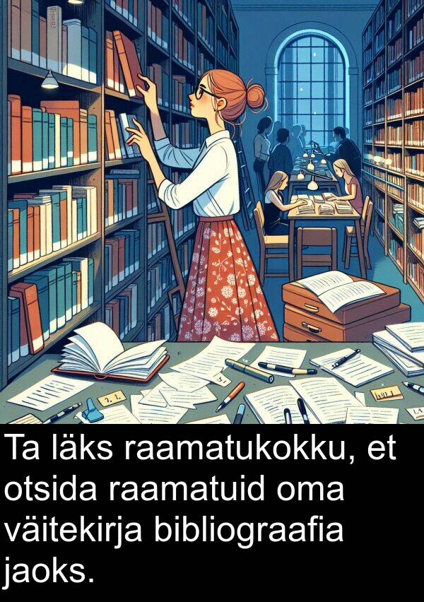 raamatuid: Ta läks raamatukokku, et otsida raamatuid oma väitekirja bibliograafia jaoks.