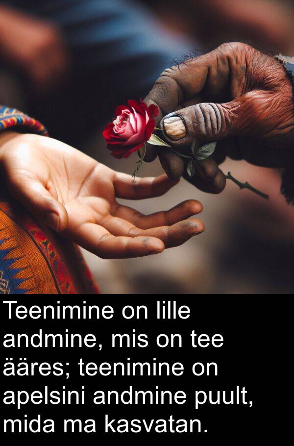 tee: Teenimine on lille andmine, mis on tee ääres; teenimine on apelsini andmine puult, mida ma kasvatan.