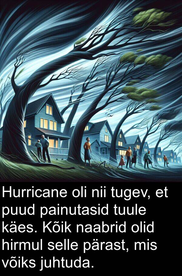 juhtuda: Hurricane oli nii tugev, et puud painutasid tuule käes. Kõik naabrid olid hirmul selle pärast, mis võiks juhtuda.