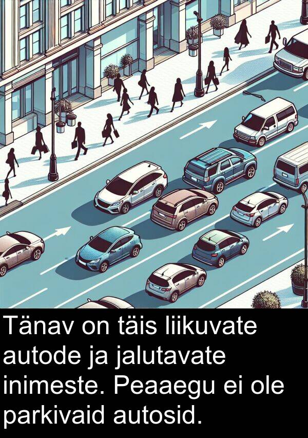 ole: Tänav on täis liikuvate autode ja jalutavate inimeste. Peaaegu ei ole parkivaid autosid.