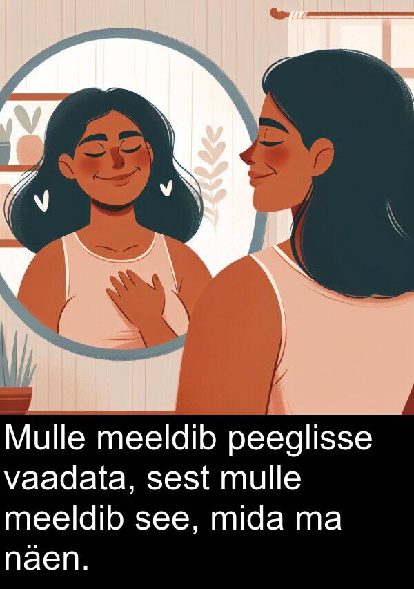 peeglisse: Mulle meeldib peeglisse vaadata, sest mulle meeldib see, mida ma näen.